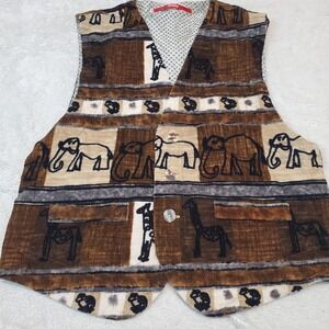 Signum Brown Tan Animal Print Y2K Retro Preppy Rustic Corduroy Button Vest Men M